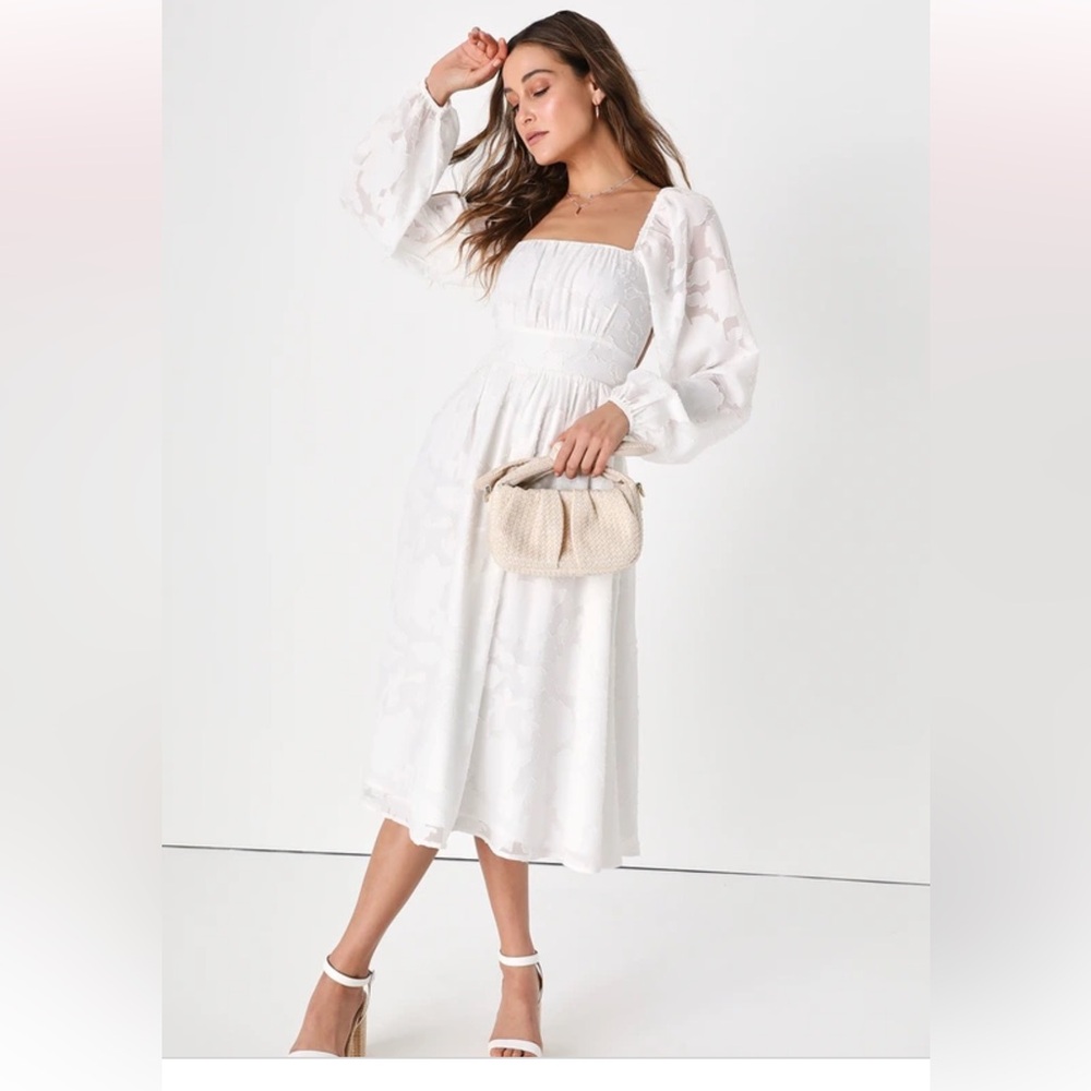Flirtatious Nature White Floral Jacquard Lace-Up Midi Dress